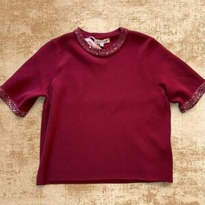 Nanette Lepore Ruby Wine Sequin Trim Short Sleeve Sweater Top 7S16614 Mens M